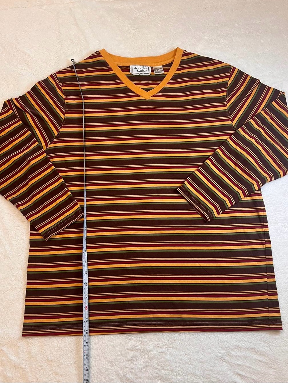 Striped V-Neck Long Sleeve Top - Jennifer Lauren - Red/Brown/Yellow